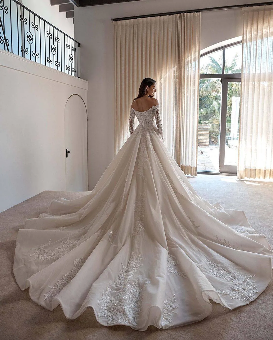 Gorgeous A Line Dresses Off Shoulder Pearls Lace Bridal Gowns Long Sleeves Vestido De Novia Backless Sweep Train Boho Wedding Dress LG0118 - view 7