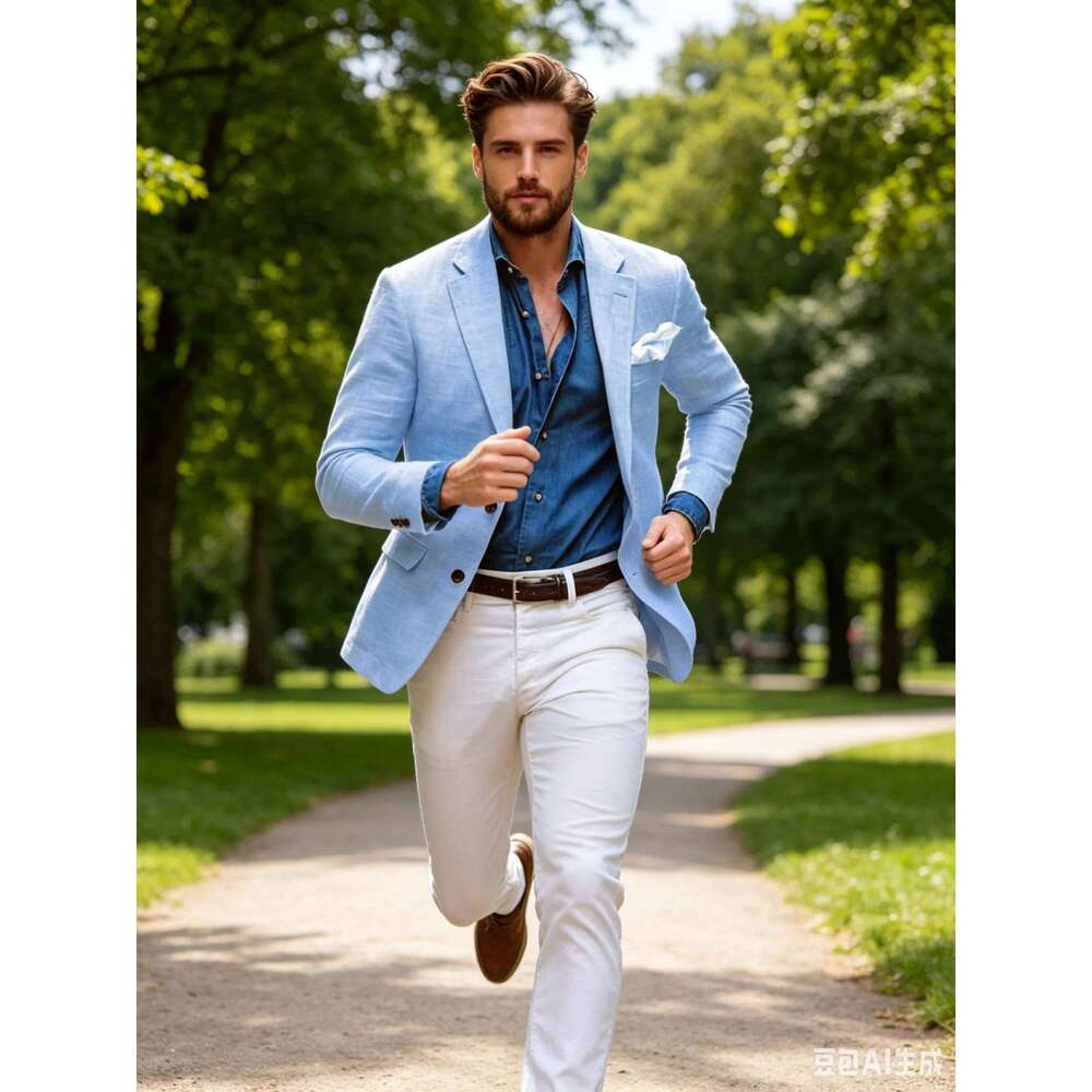 Beige/Blue Linen Men Two Buttons Jackets Business Casual Suit One Coat New Spring Summer Formal Wear Slim Fit Blazer 26L0626 - view 3