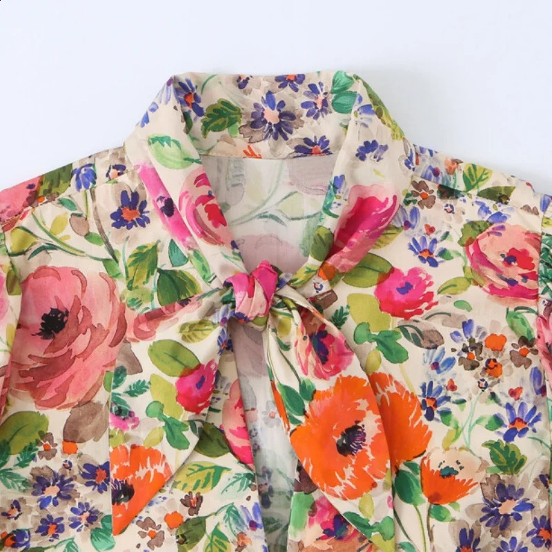 2026 Summer Women Oil Painting Floral Print Blouse Bow Tie Neck Puff Short Sleeve Shirts Vintage Holiday Casual Tops 260626 - view 4