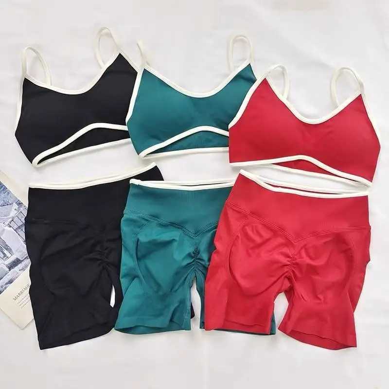 And Fitness Suit Vest Sports Contrasting Color Shock-absorbing Sports Bra High Waist Breathable Peach Hip Three Part Shorts Set M260626 - view 3