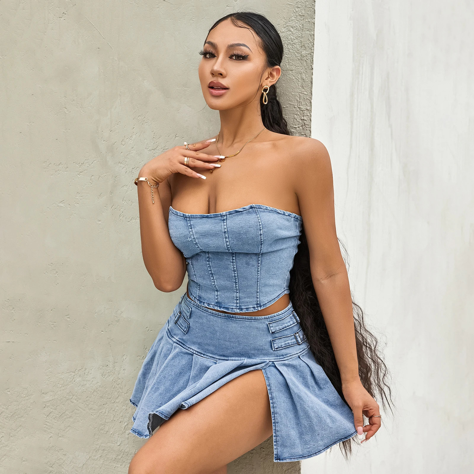 Women Summer Outfit Sets Solid Color Sleeveless Off Shoulder Zipper Bandeau Pleated Denim Skirt 2 Pieces Set 260626