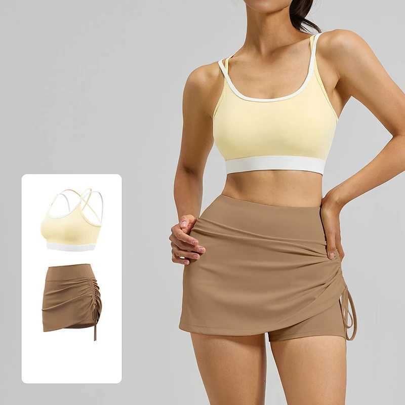 Ruched Side 2026 Drawstring Women 2 Piece Yoga Sets Color Block Sports Bra High Stretch Shockproof Running Workout Sportswear M260626 - view 5