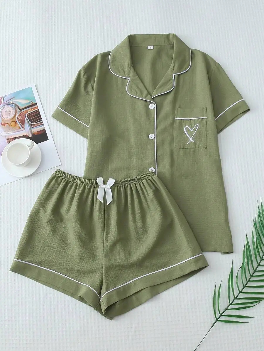 2pc Solid Color Summer Contrast Trim Collar Heart Embroidery Short Sleeve Pajama Set With Bowknot Shorts 260625 - view 4
