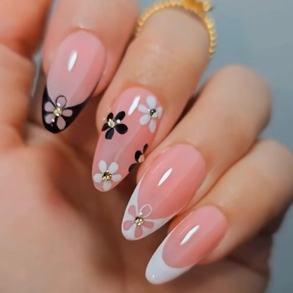 24Pcs Yellow French Full Cover Nails Tips Mid-length Almond Detachable False Nails 3D Flower Pearl Starburst Press on Fake Nails 260626 - view 4