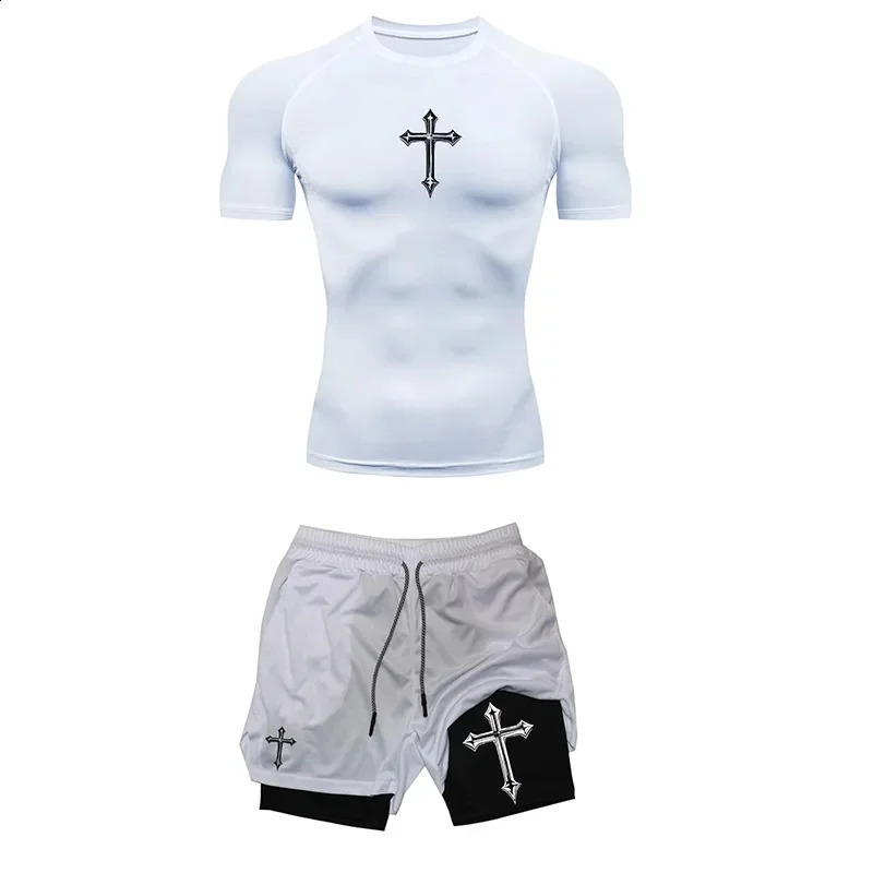 Fashionable printed breathable compression sportswear mens training twopiece set tight Tshirt shorts gym workout 260615 - view 6