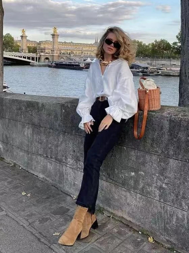 2026 Women White Linen Shirt Oversized Lantern Long Sleeve Pleated Cuff French Vintage Breathable Summer Office Casual Blouse 260626 - view 7