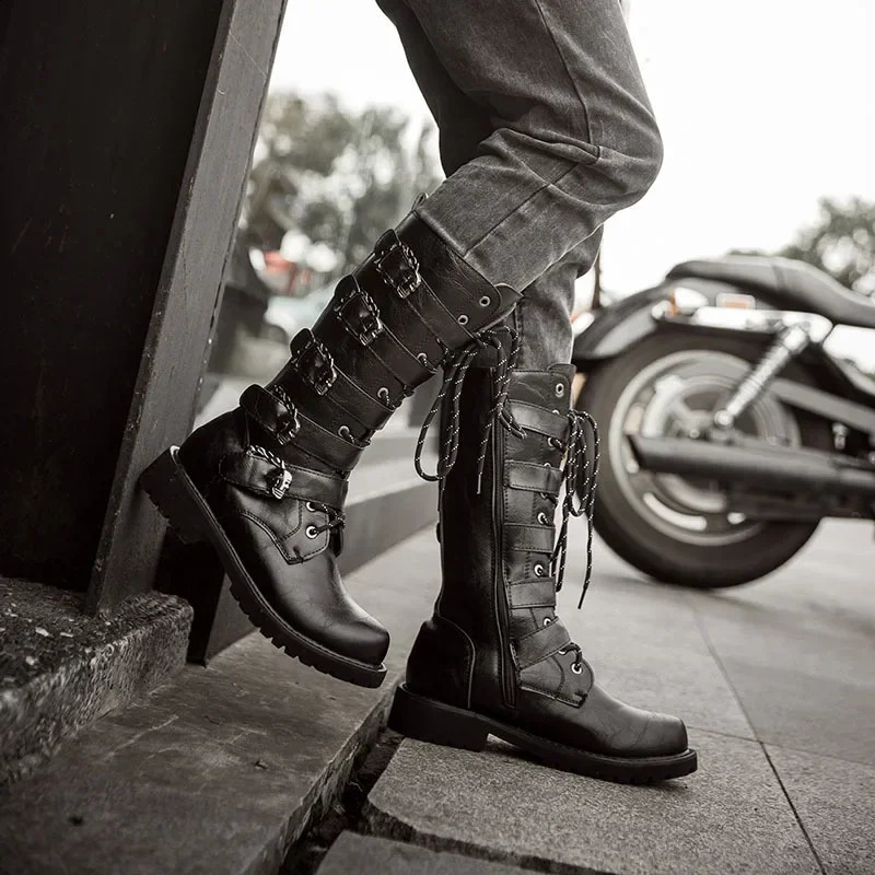 Large Size 37-46 Mens PU Leather Motorcycle Boots Mid-calf Breathable Boots Gothic Belt Punk Boots Men Punk Shoes 260626 - view 5