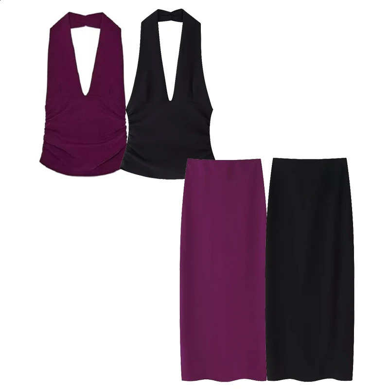 HXAO Skirt 2 Piece Set Halter Crop Top Women Long Outfit Ruched Tight Pencil And Two Summer 088 260625 - view 3