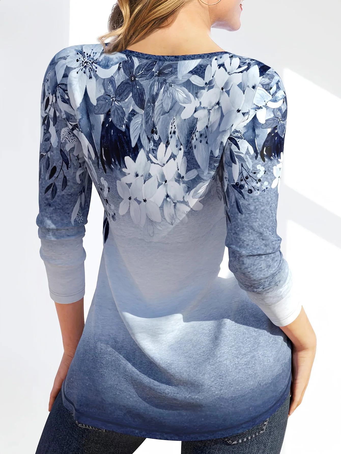 Womens Plus Size Stylish Floral Print Stylish Casual Top with Button Accent Long Sleeve T-Shirt for Spring Fall-Comfortable 260626 - view 4