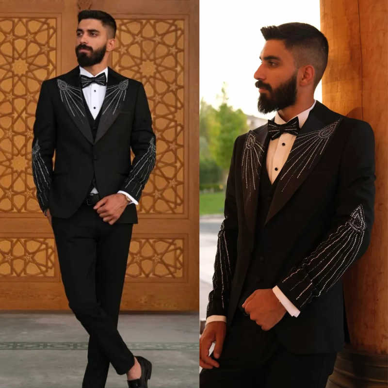 Sparkling Mens Suits 2 Pieces Blazer Pants Peaked Lapel Beading Special Occasion Wedding Party Prom Customized trajes de hombre