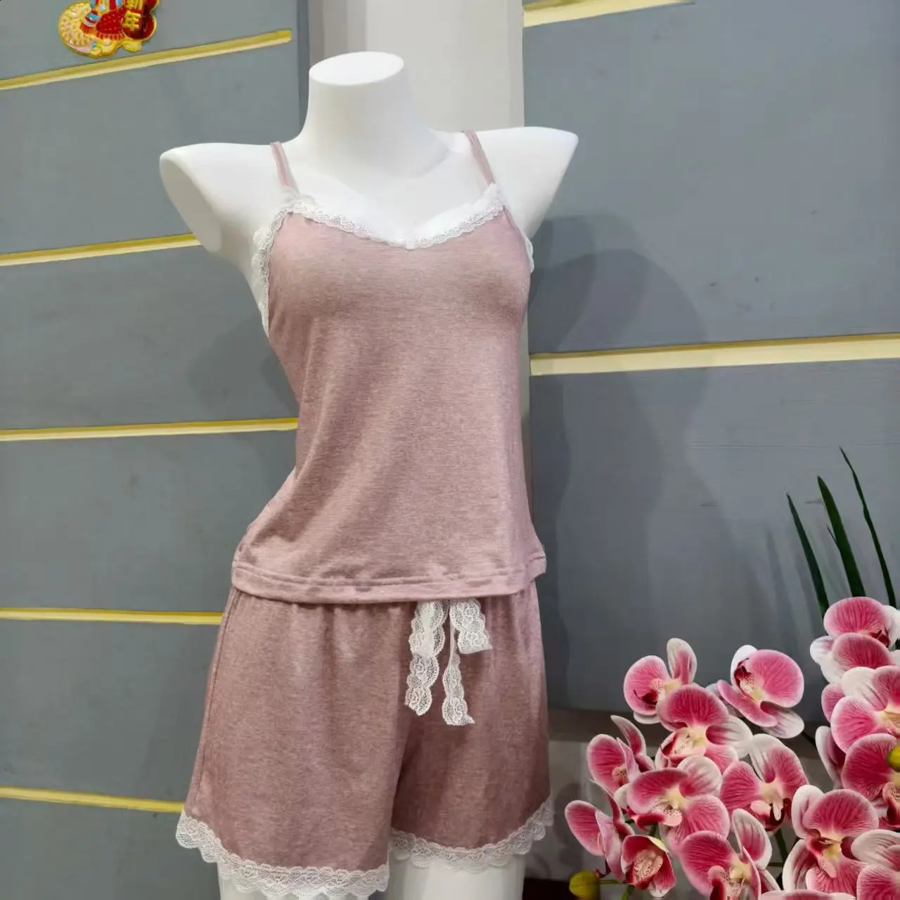 Womens Soft Pajama Set Sexy Lace Trim Cami Top and Shorts Two Piece Sleepwear Loungewear Cute Summer V Neck Casual Pjs 260625 - view 7