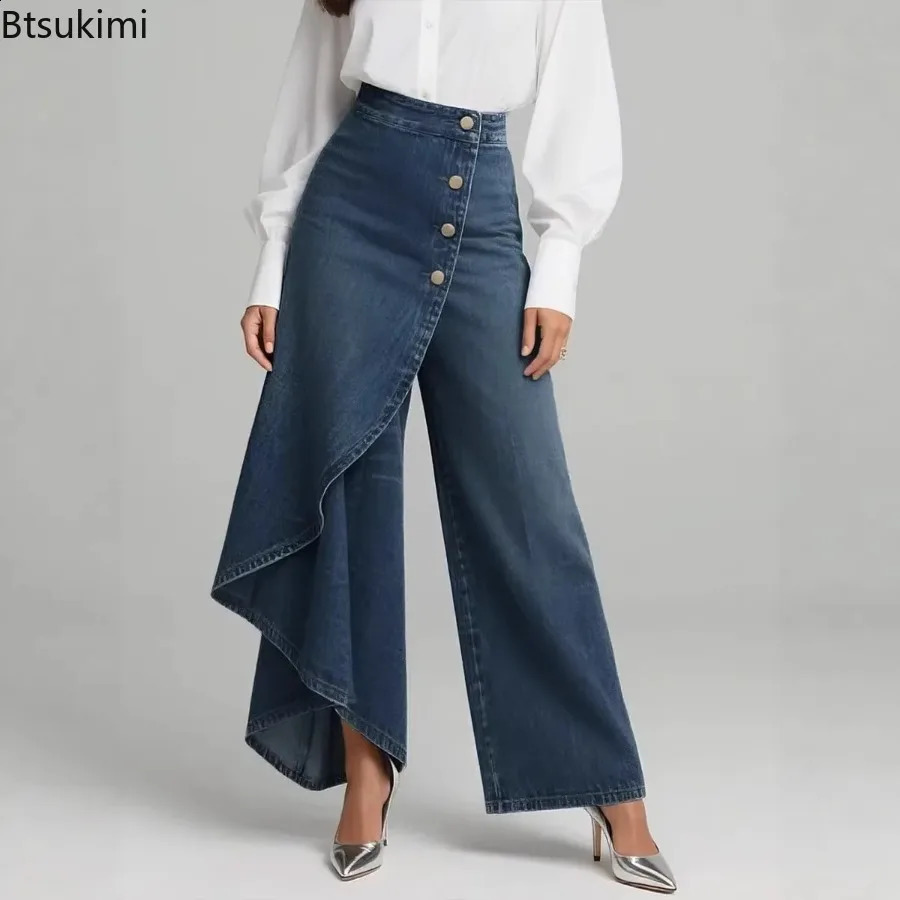 2026 Womens Casual Wide Leg Pants Spring Fashion Breasted n Ladies Slim Trousers Vintage Denim Women 260625 - view 3