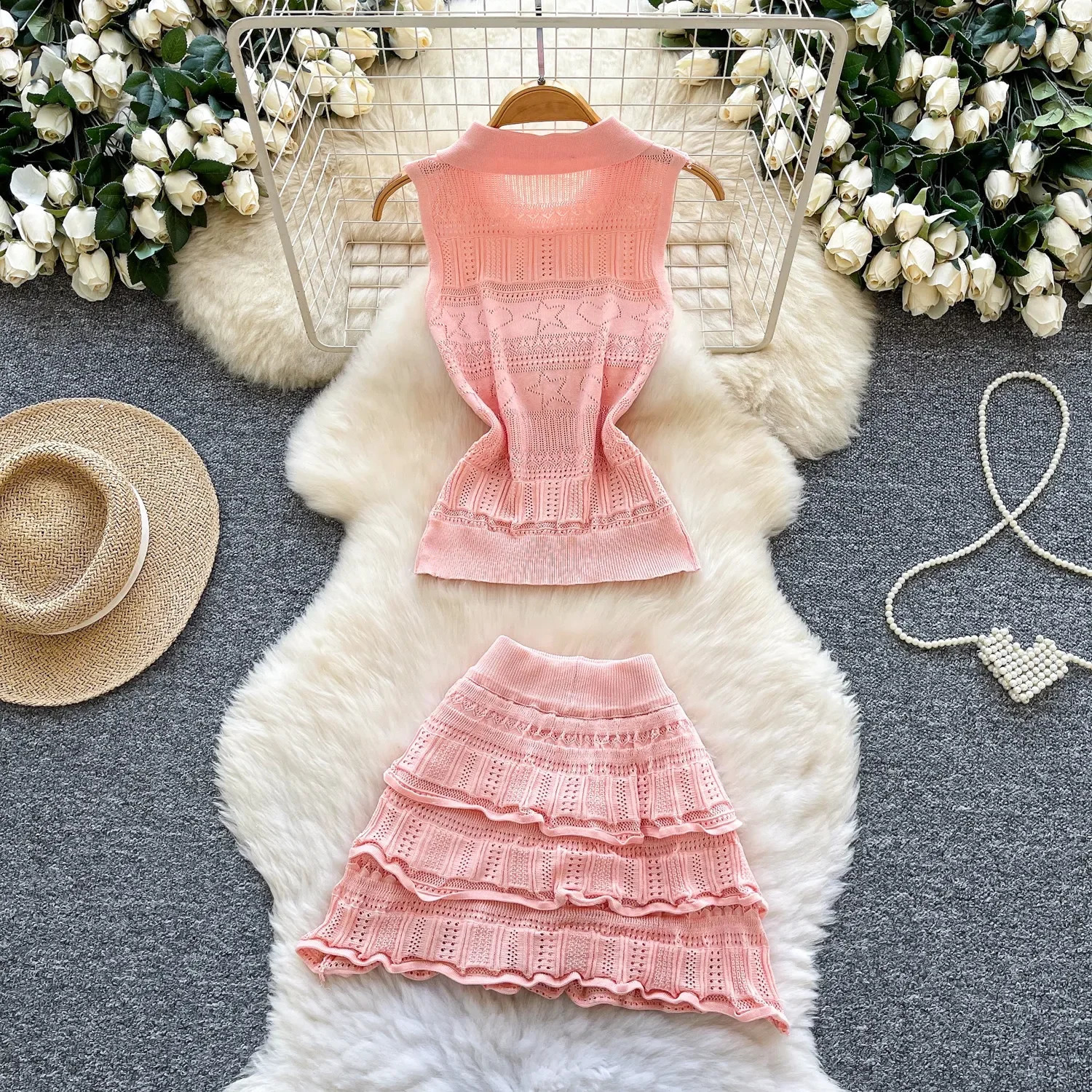2026 Summer Women Sweet Turndown Collar Sleeveless Short Camisole Tops Solid Color Pleated Mini Skirt Two Piece Set 260626 - view 6