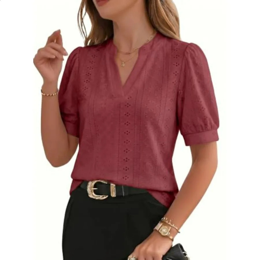Dokotoo Womens Summer Business Casual Blouses V Neck Short Sleeve Shirts Eyelet Cute Lace Tops 260626 - view 3