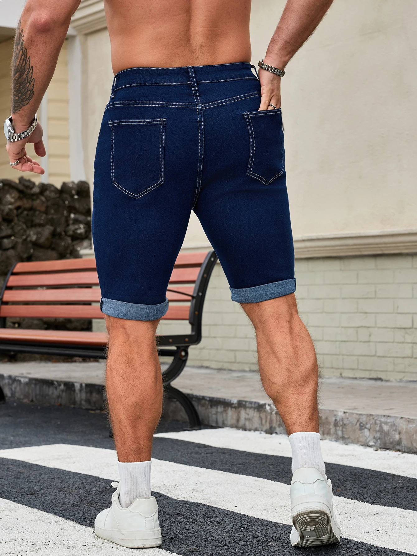 Mens Dark Blue Denim Shorts Straight Fit Rolled Hem Jean 260625 - view 3