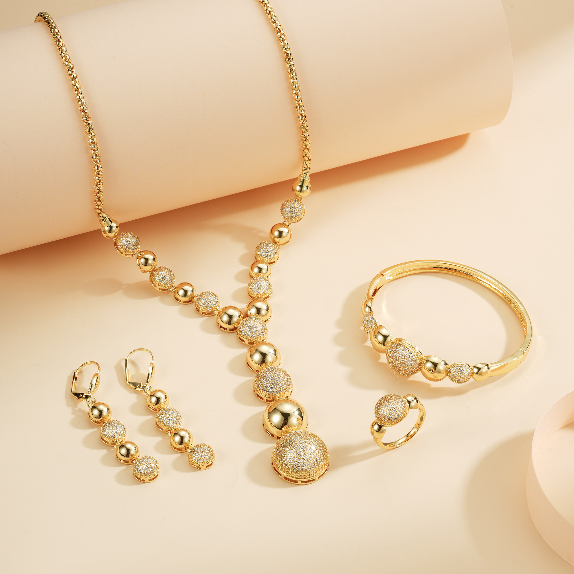 European Light Luxury 4Pcs Zircon Jewelry Set 18K Gold Plated Round Bead Women Necklace Bangle Ring Earrings