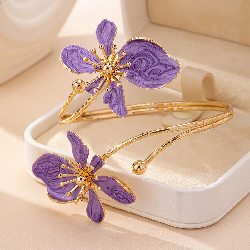 KMVEXO Elegant Enamel Flower Arm Cuff Open Bangles Bracelet for Women Gold Color Metal Floral Armlet Bracelets Party Jewelry260624 - view 4
