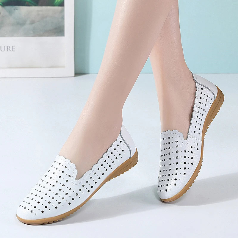 Summer Women Fashion Casual Shoes Leather Slipon Flats Loafers Ladies ner Sneakers Hollow Out Breathable Womens Moccasins 260626 - view 1