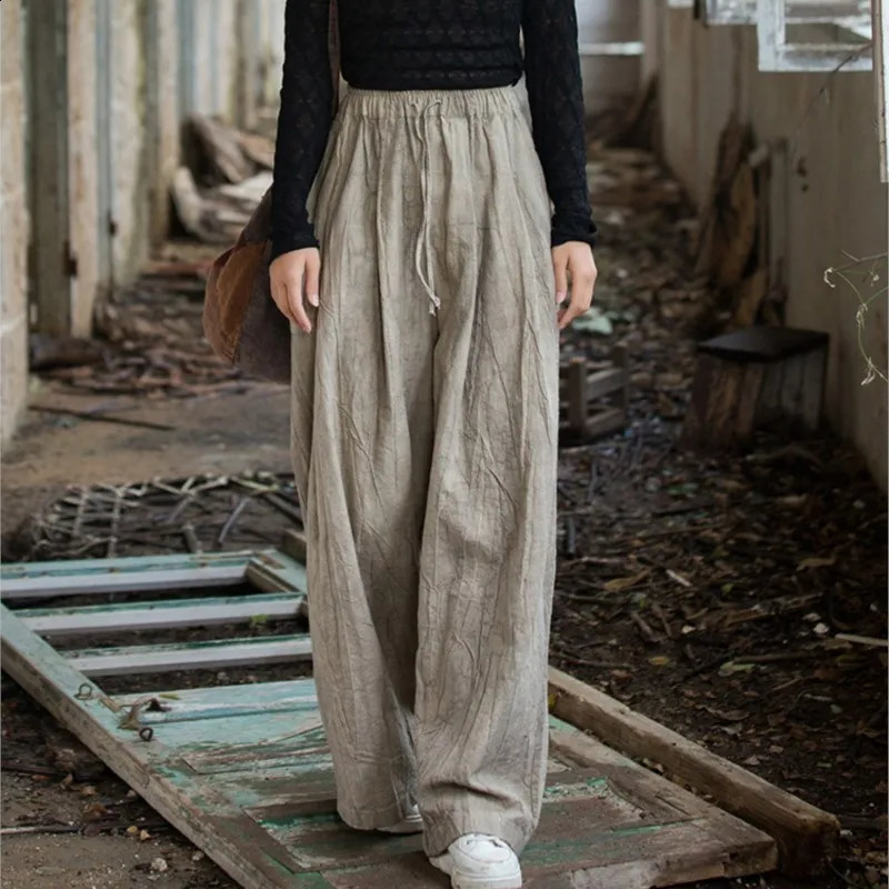 Johnature Women Casual Ramie Cotton Wide Leg Pants Elastic Waist Tiedye Trousers Autumn Pockets Belt Long 260625 - view 5