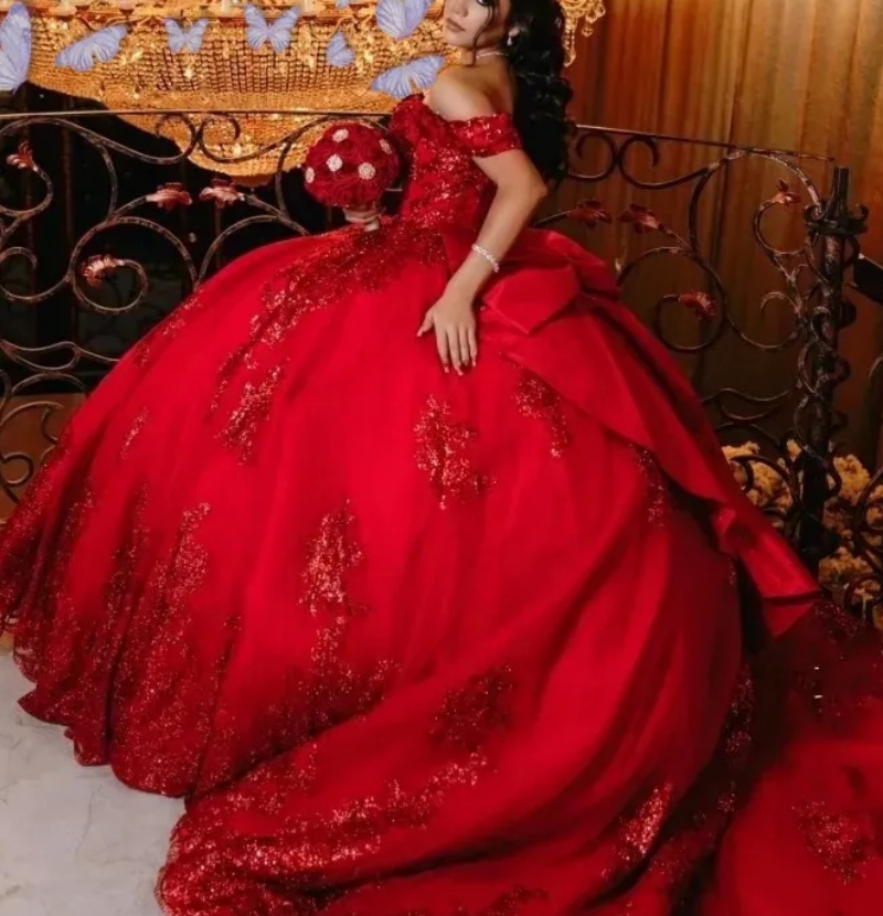 Bright red off-shoulder short-sleeve dress with glittering pearl decorations, big bow, and puffed tail Quinceanera dress - view 3