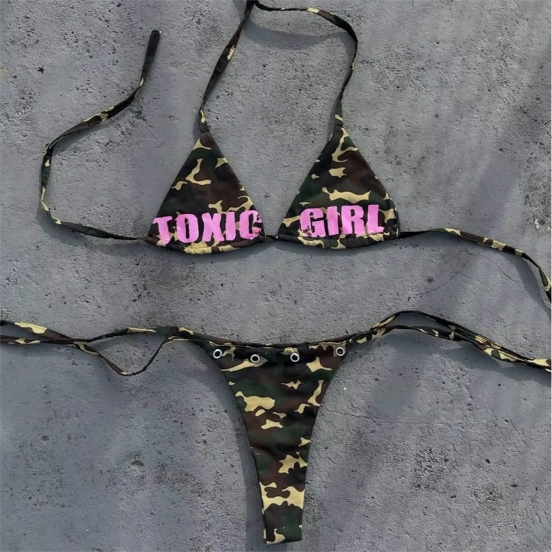 Womens Triangle Bikini Set Camouflage Print Sexy Y2K Micro Bikini Swimwear Summer Beach Vacation Party Bathing Suit For Female 260622CJ