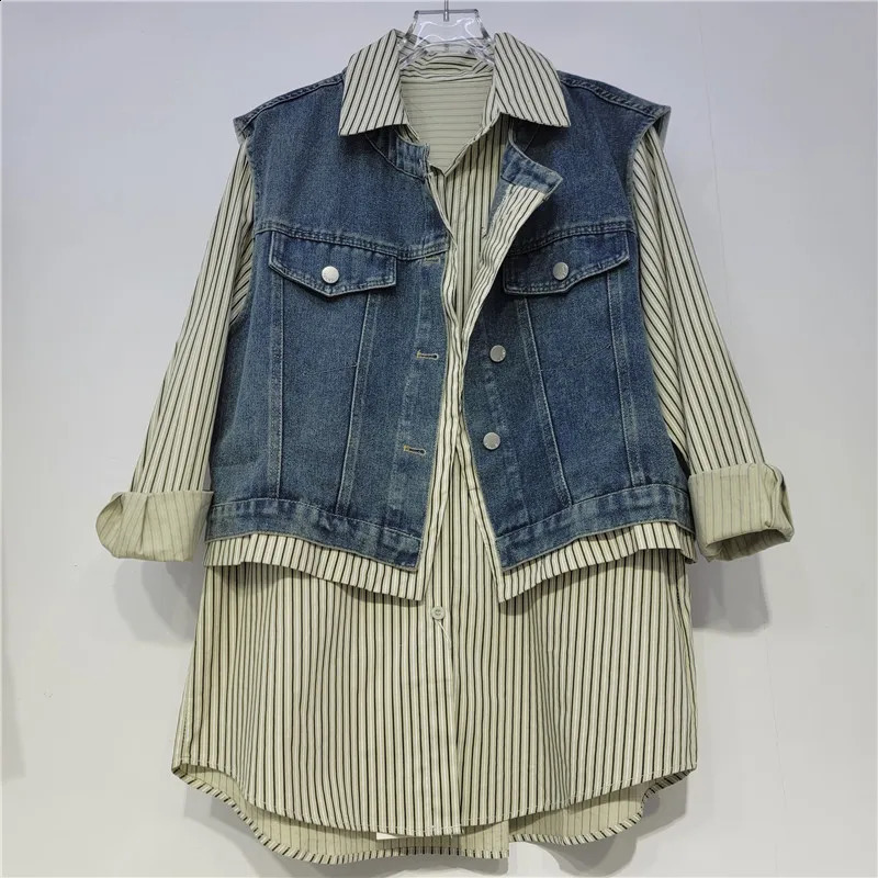 SuperAen Korean Style Fashion Short Denim Vest Women Autumn lapel Collar Simple Vintage Striped Loose Shirts 260626 - view 3