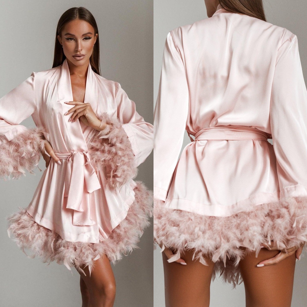Modern Satin Mini Robe Dress Feather Bath Gown Long Sleeves Pregnant Wedding Anniversary Bride Sleepwear Nightwear Custom Made - view 1