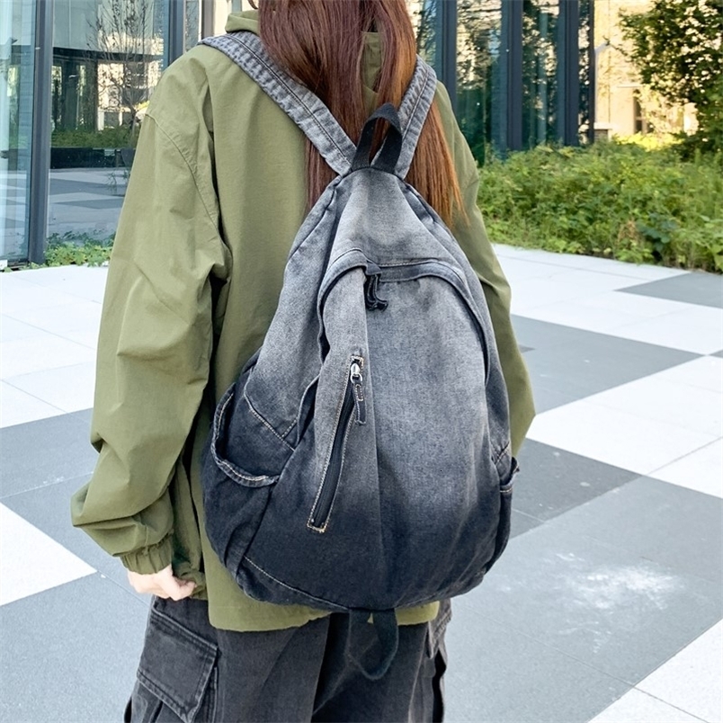 Mens and Womens Backpacks Student School Bags LargeCapacity Washed Denim y260615