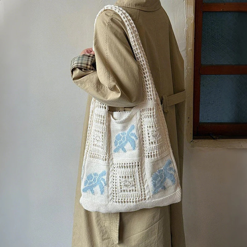 Turtle Korean Style Hollow Woven Bag Trendy Large Capacity Crochet Tote Bag Lightweight Embroidered Knitting Handbag Beach 260626 - view 3