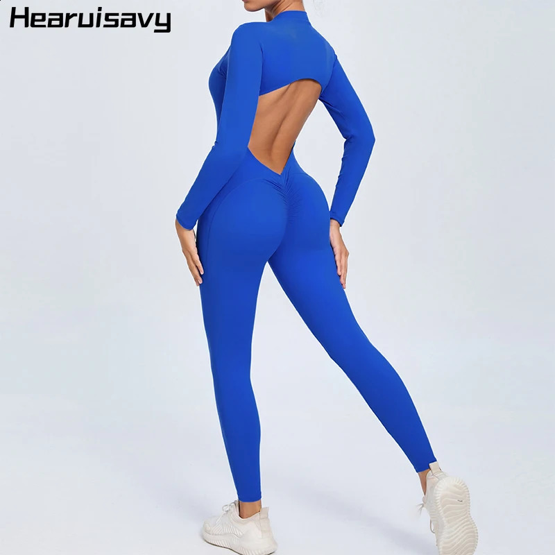 Hearuisavy Summer V Back Sports Jumpsuit Yoga Clothes Rompers Women Long Sleeveles Workout Bodysuits Backless One-piece Suit 260626 - view 1