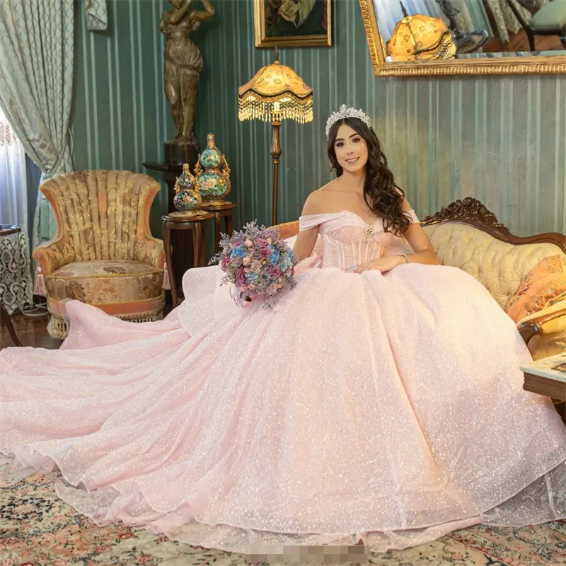Light pink off-shoulder folded sleeves party dress with fine glitter tulle, layered side, big flared train - Quinceanera gentle princess dress - view 4