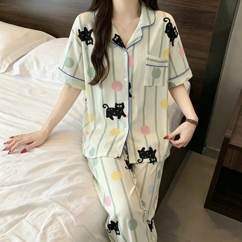 Cute Strip Dot Cat Print Satin Pajamas Set Short Sleeve Buttons Lapel Top Elastic Pants Sleepwear Summer 260625 - view 6