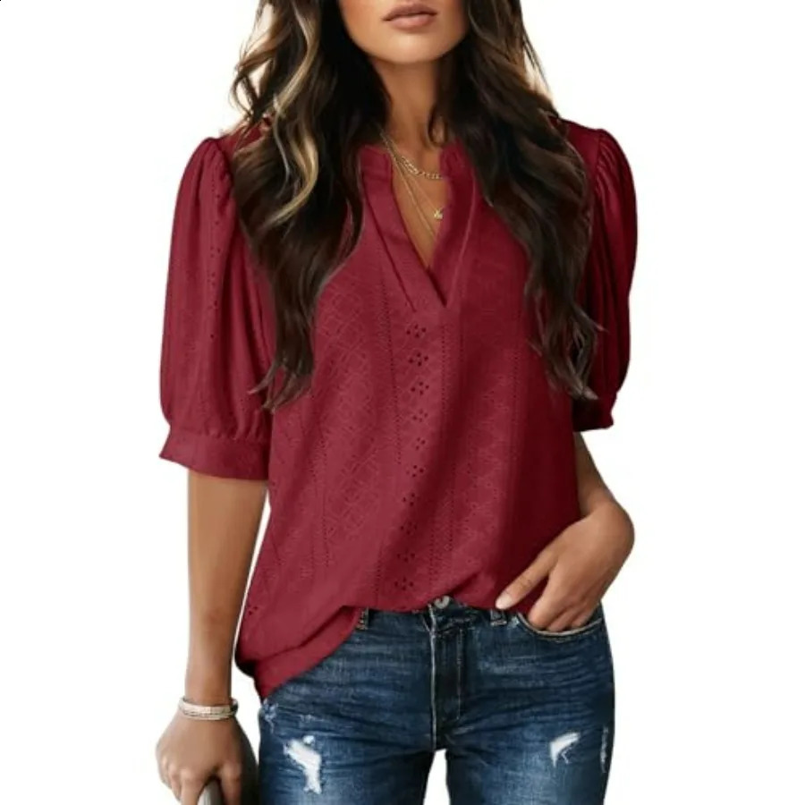 Dokotoo Womens Summer Business Casual Blouses V Neck Short Sleeve Shirts Eyelet Cute Lace Tops 260626 - view 1