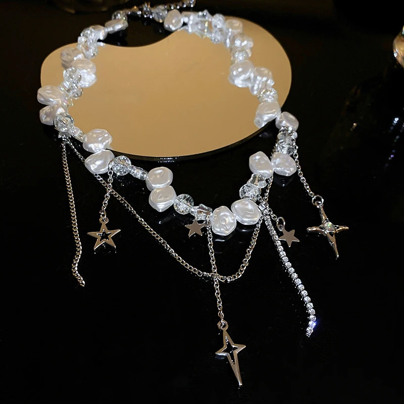 Silver Color Hollow Star Choker Necklaces For Women Long Tassel Rhinestone Pearl Chain Necklaces Statements Jewelry K- 260624 - view 4