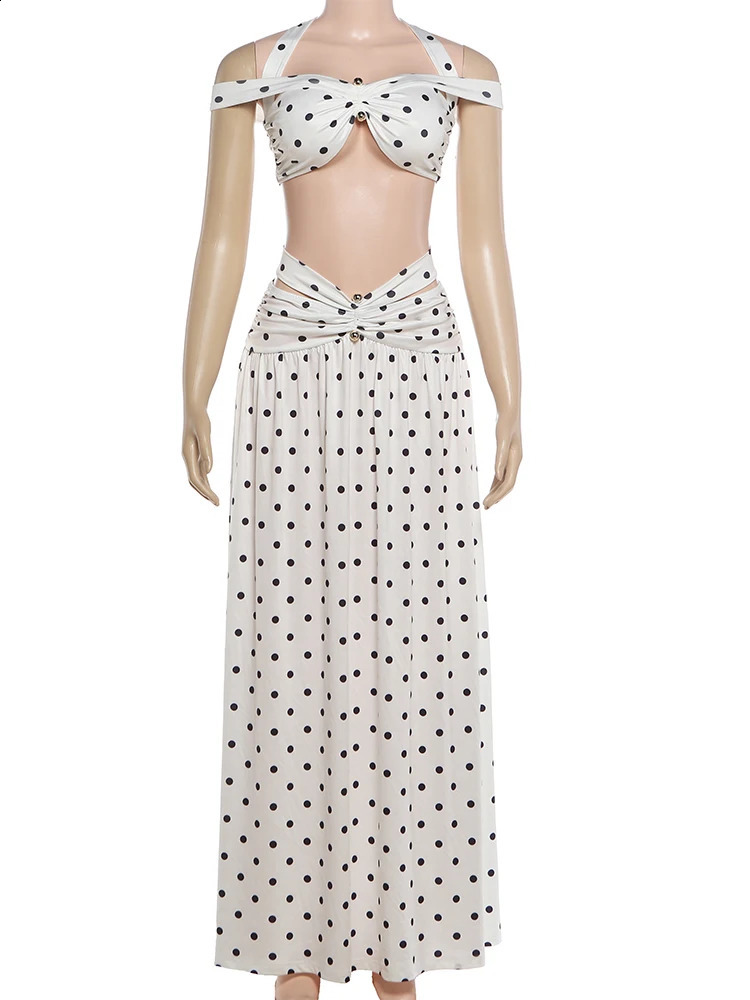 Weird Puss Vacation 2 Piece Set Women Polka Dot Print Sexy Slash Neck Halter Bandages Crop TopsHollow Ruched Skirt Trend Suits 260626 - view 7