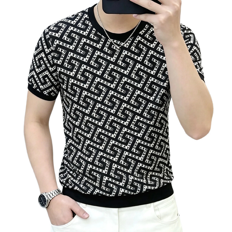 2026 Fashion Trendy Men's Clothing Nylon Ice Silk Smooth Hollow Breathable European Style Short Sleeve Men Round-Neck Pullover - view 6