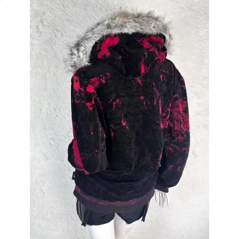 Gothic geometric print red gradient zipper hoodie women fashion high street fur collar loose sweatshirt for men and women 260626 - view 5