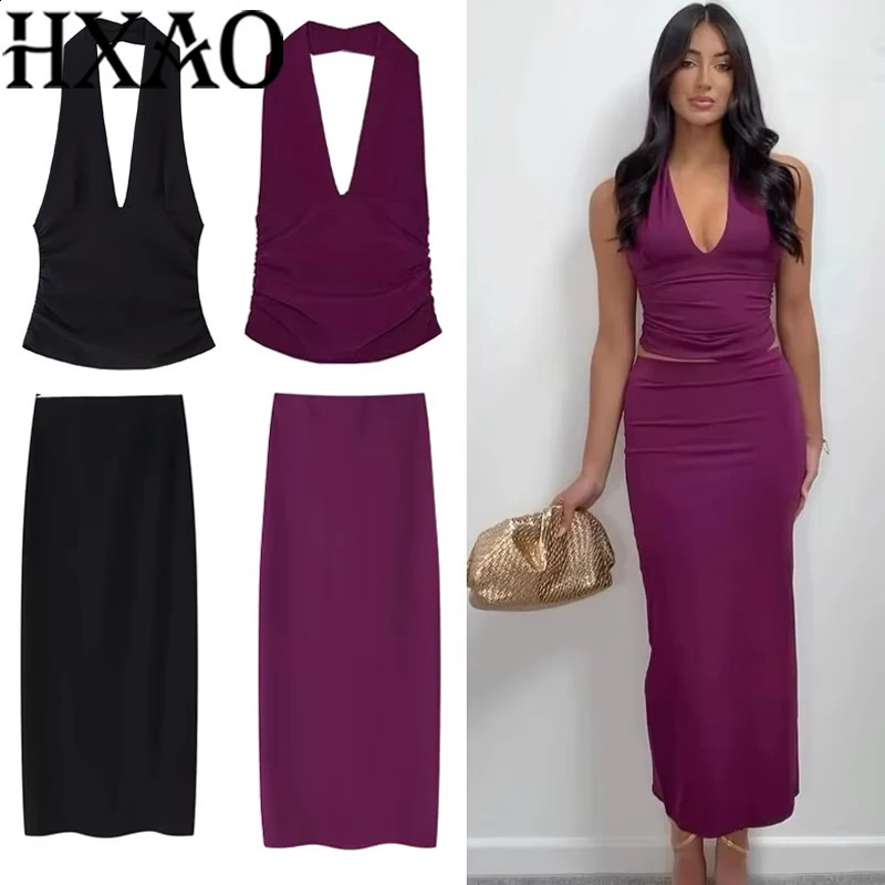 HXAO Skirt 2 Piece Set Halter Crop Top Women Long Outfit Ruched Tight Pencil And Two Summer 088 260625