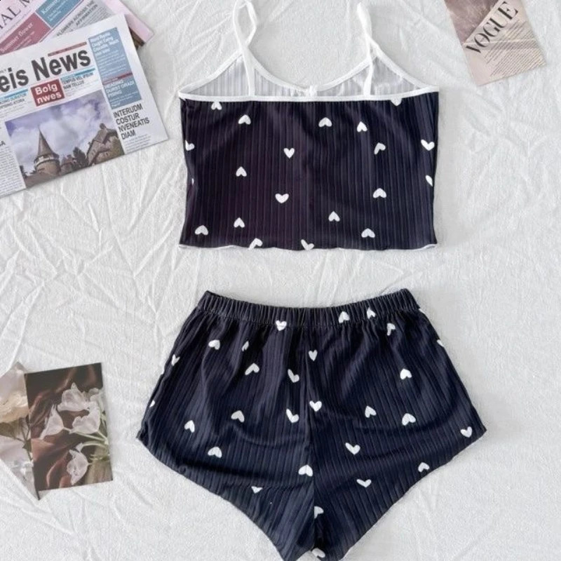 Summer Heart Print Sexy Ribbed Bow Decor Pajama Set for Womens Sleepwear Comfortable Crop Cami Top Shorts Loungerwear 260626 - view 6