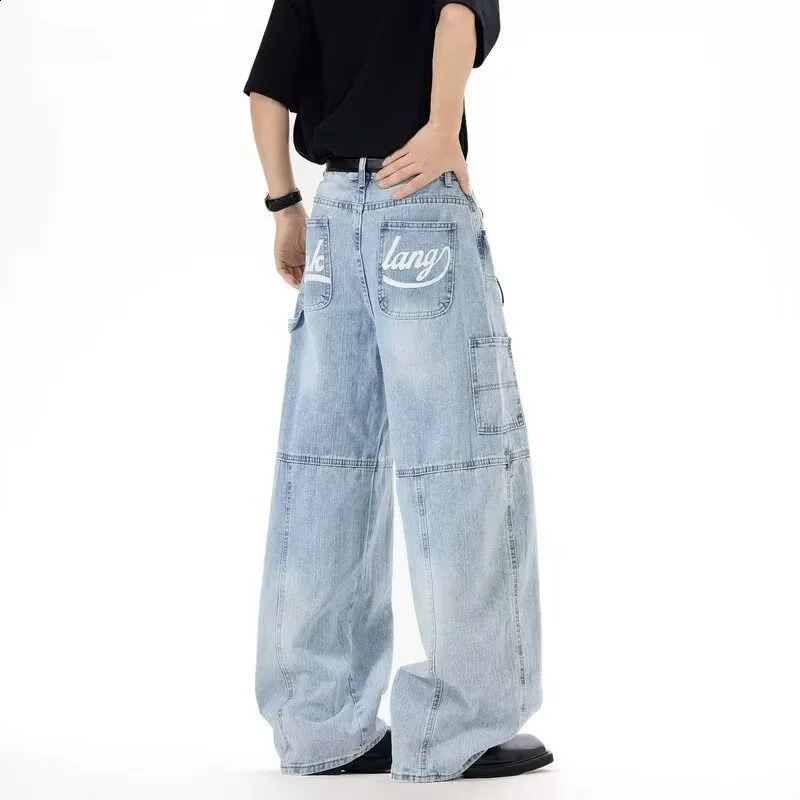American Retro Letter Printed Baggy Cargo Jeans For Men Y2K Streetwear Straight Blue Denim Pantalones Cleanfit Fashion Jean 260625 - view 7