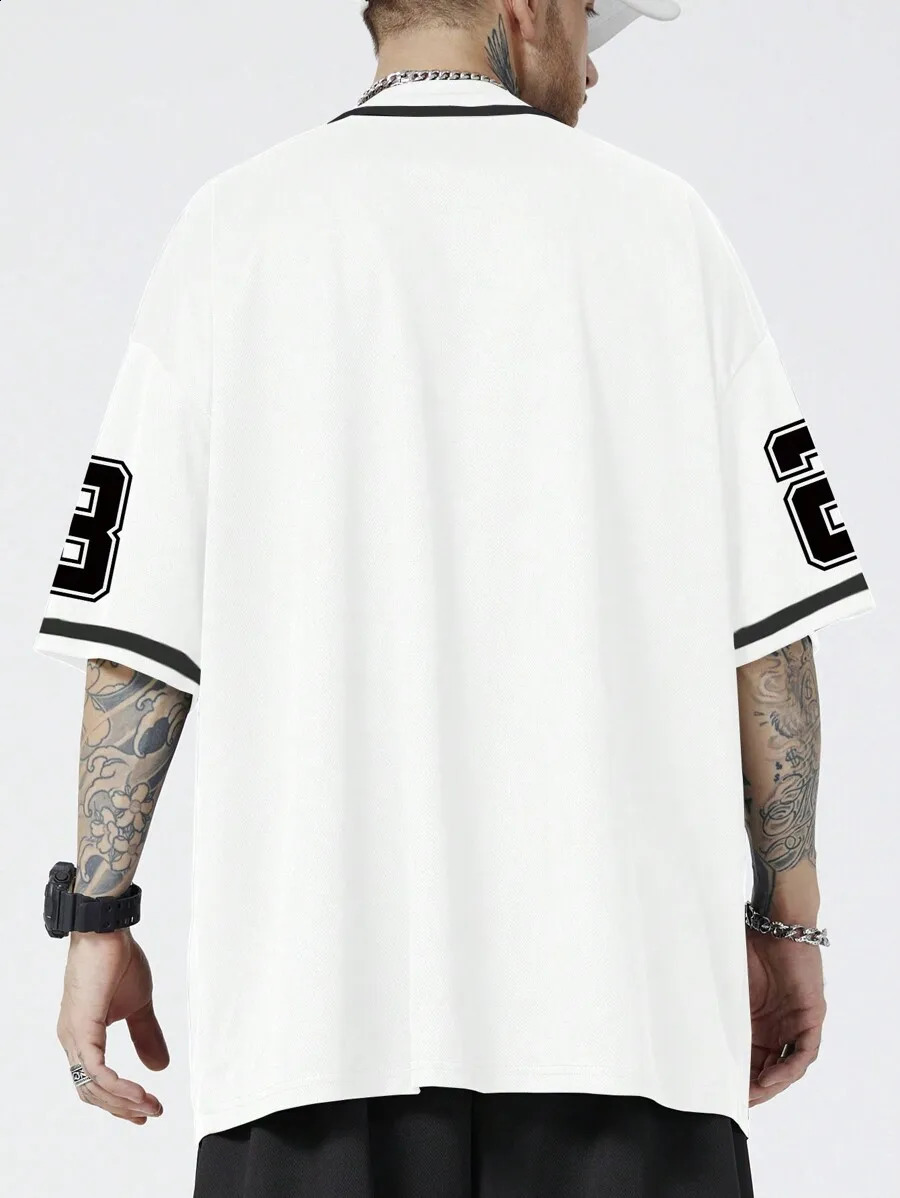 Men White Short Sleeve Baseball Shirt With Contrast Trim And Los Angeles Letter Print Casual Street Style 260626 - view 4