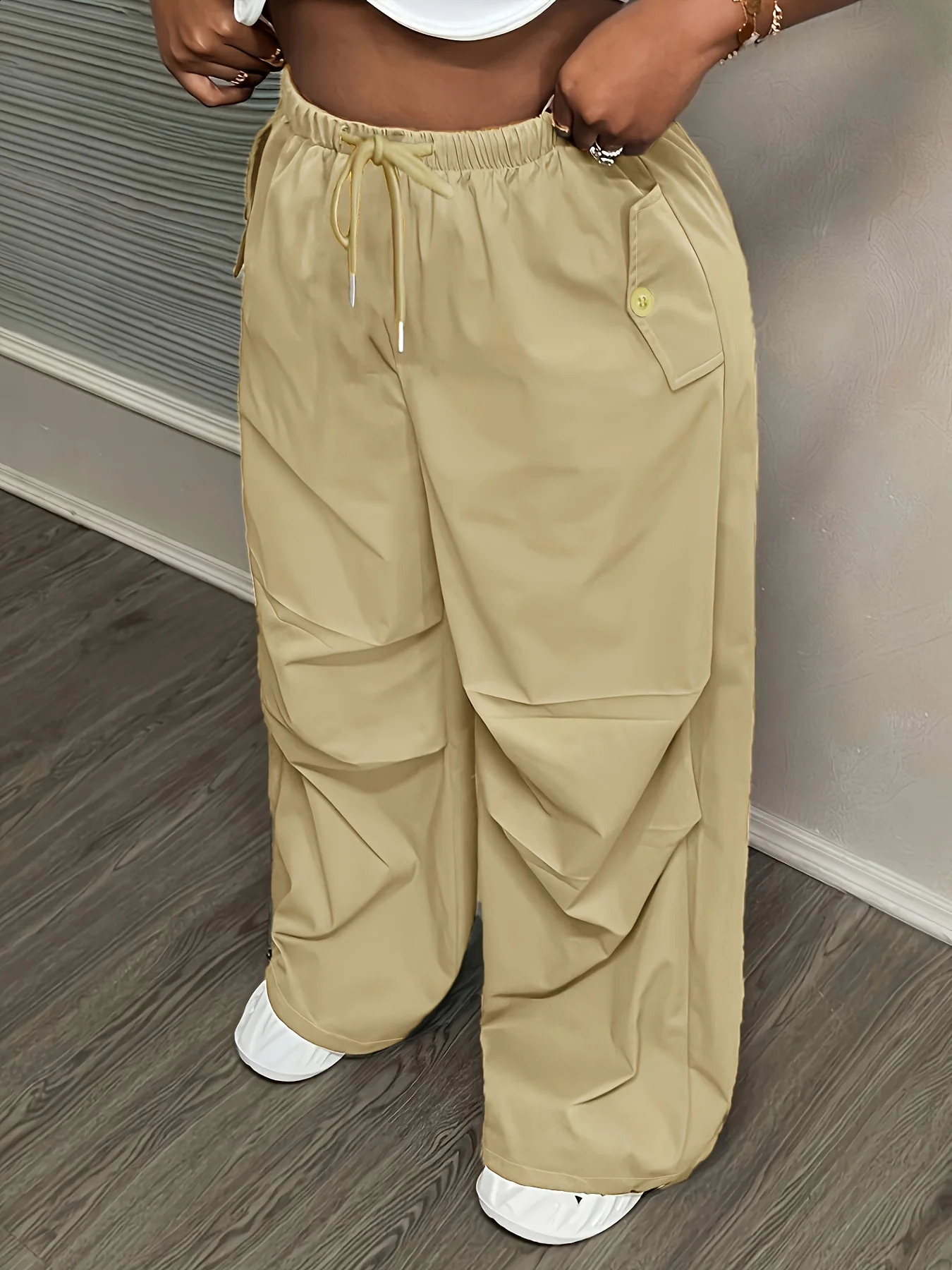 Womens Khaki Cargo Pants Elastic Waist Drawstring Loose Wide Leg Pockets Casual Sport Trousers for Summer Streetwear 260625 - view 4