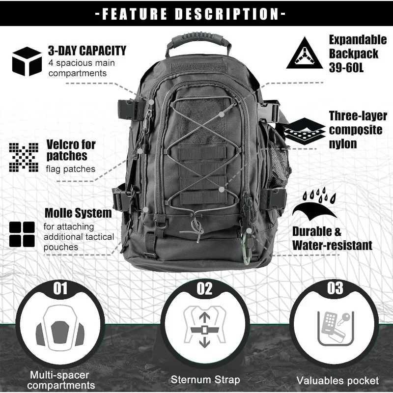 Tactical Backpack Military Hiking Miramrax Daypack - Molle Backpack for Men 3 Day Assault Pack Bug Out Bag for Camping Grey M260626 - view 3