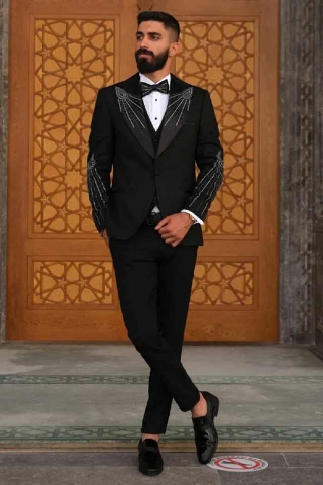 Sparkling Mens Suits 2 Pieces Blazer Pants Peaked Lapel Beading Special Occasion Wedding Party Prom Customized trajes de hombre - view 3