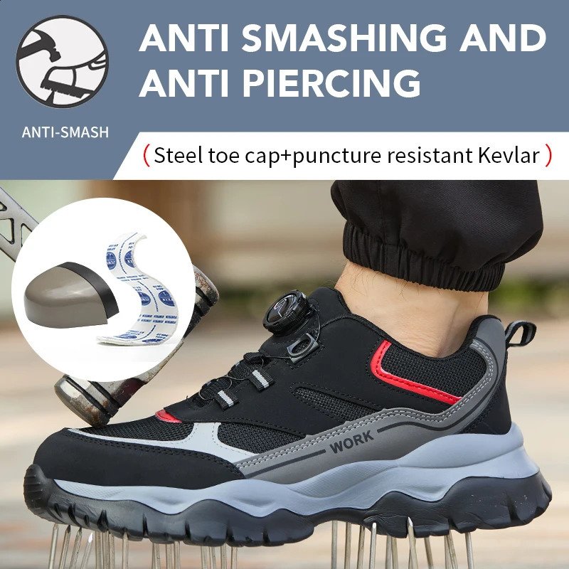 Mens Work Shoes Steel Toe Safety Boots Antismash Black Lightweight Breathable Sneakers Rotary Button 260624 - view 6