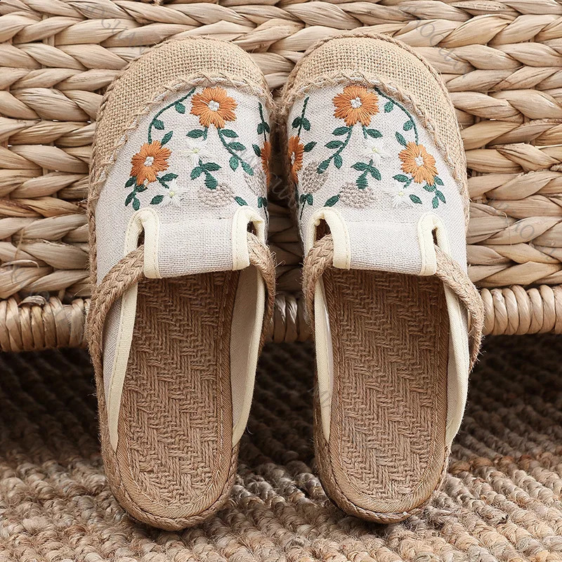 Women Casual Linen Embroidery Shoes Baotou Flat Mules Half Slippers Causal Retro Summer Ladies Canvas Sandals Comfort Footwears 260626 - view 4