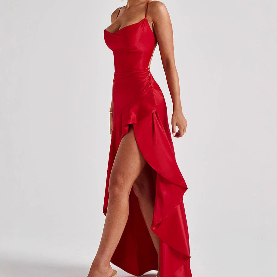 2025 Summer Sexy Womens Spaghetti Strap Backless Ruffle Irregular Dress Gown - view 3