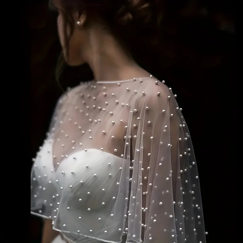 White Pearl Net Shawl for Bridal Wedding Short Sleeve Style with Plain Silk Edge 260625 - view 4