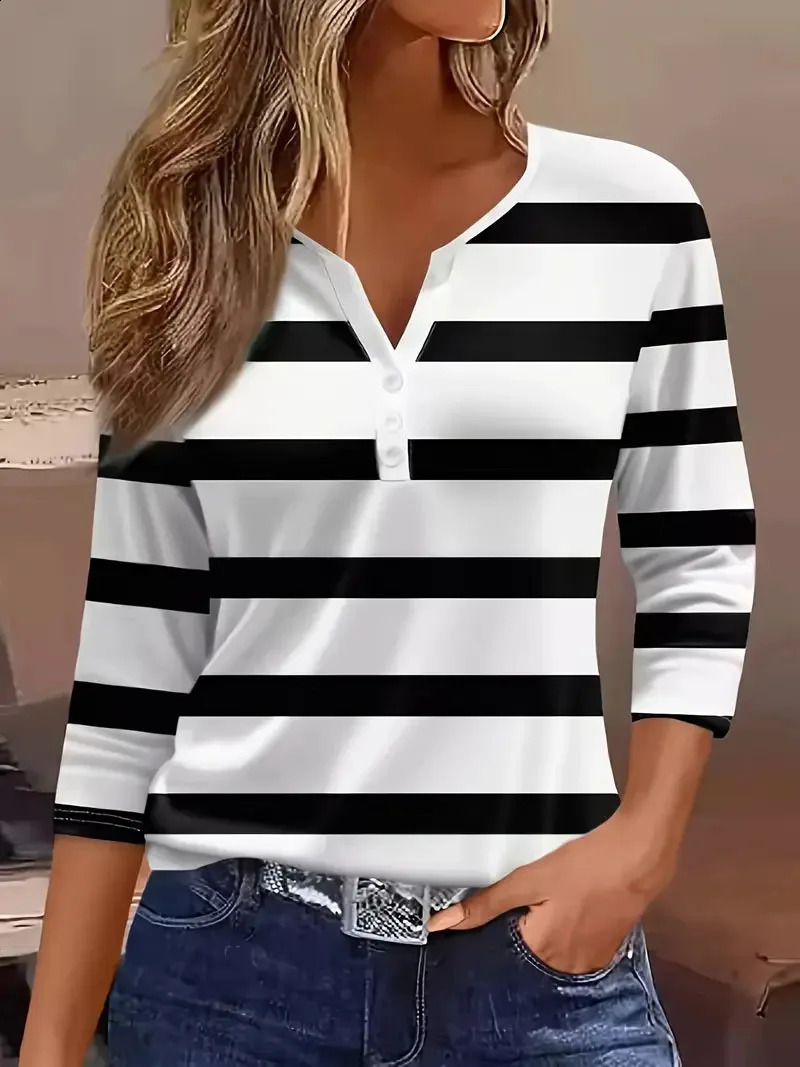 Ladies striped and printed half-button placket large-size long-sleeved T-shirt fashionable elegant casual warm long-sleeved 260626 - view 4