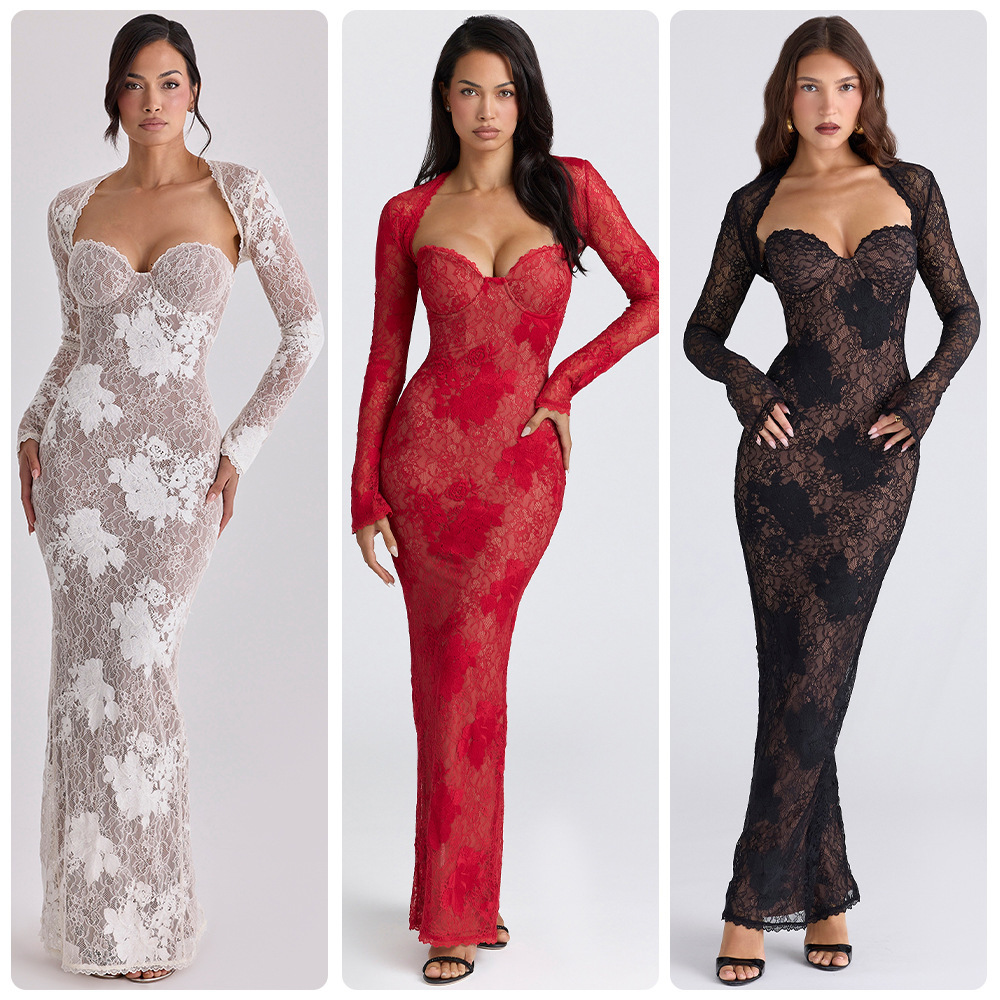 2026 Pure Desire Style Lace Tube Top Long Dress Long Sleeve Cover-Up Set Tube Top with Three-Dimensional Floral Lace Set